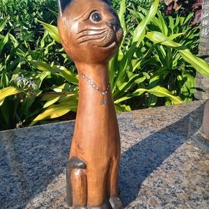 Vintage Hand Carved Solid Wood Siamese Cat Kitty Figurine Statue Art Sculpture